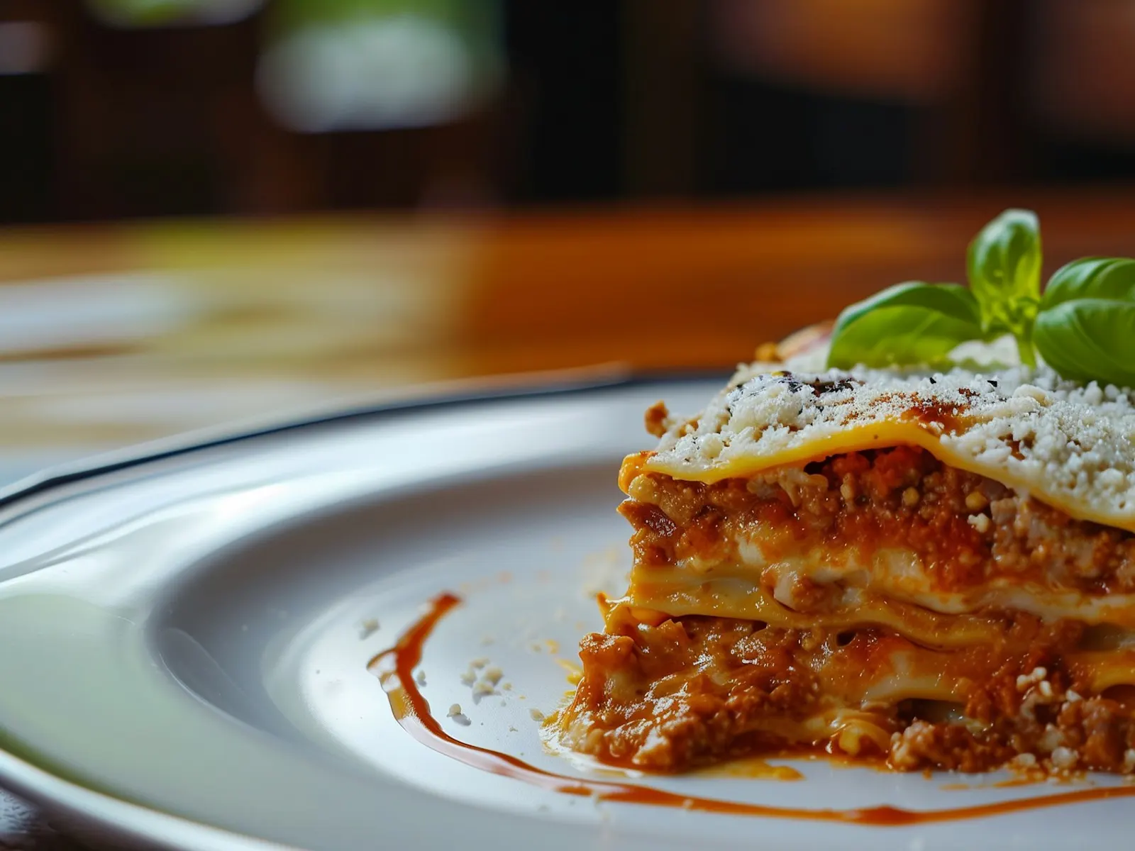 Slice of cottage cheese lasagna with basil