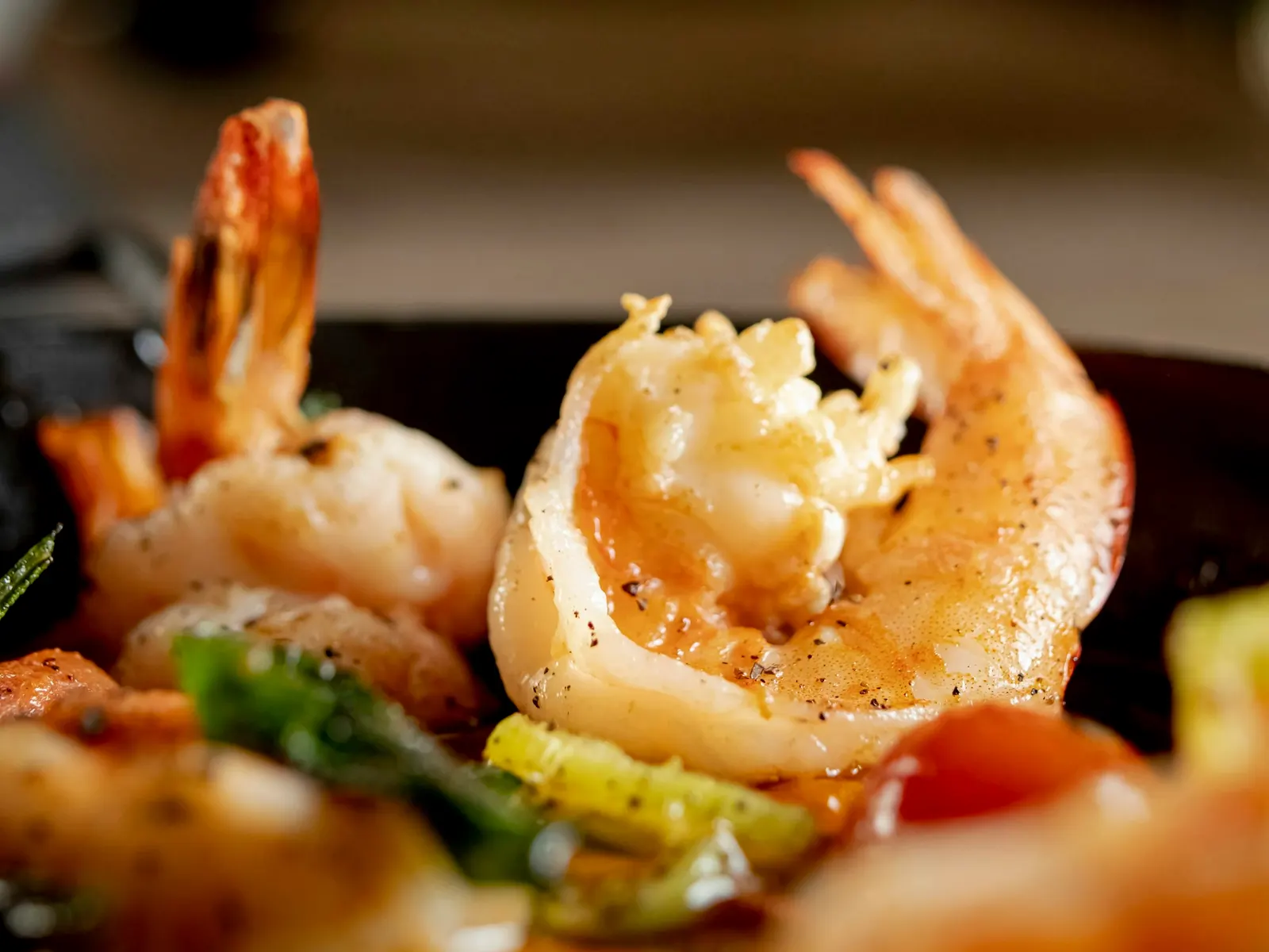 Glazed shrimp stir fry close up